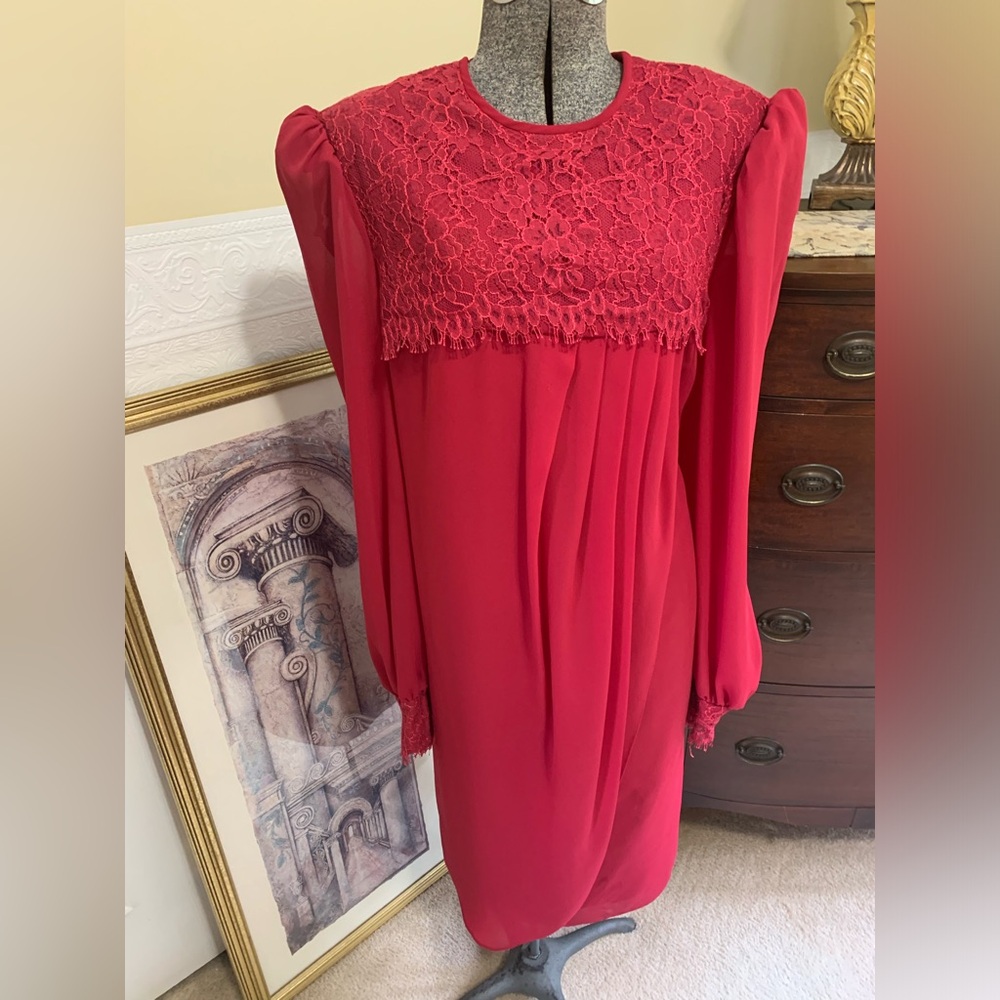 Vintage Red Dress with Lace Front, Sheer Long Sleeves (has hole) size Large .